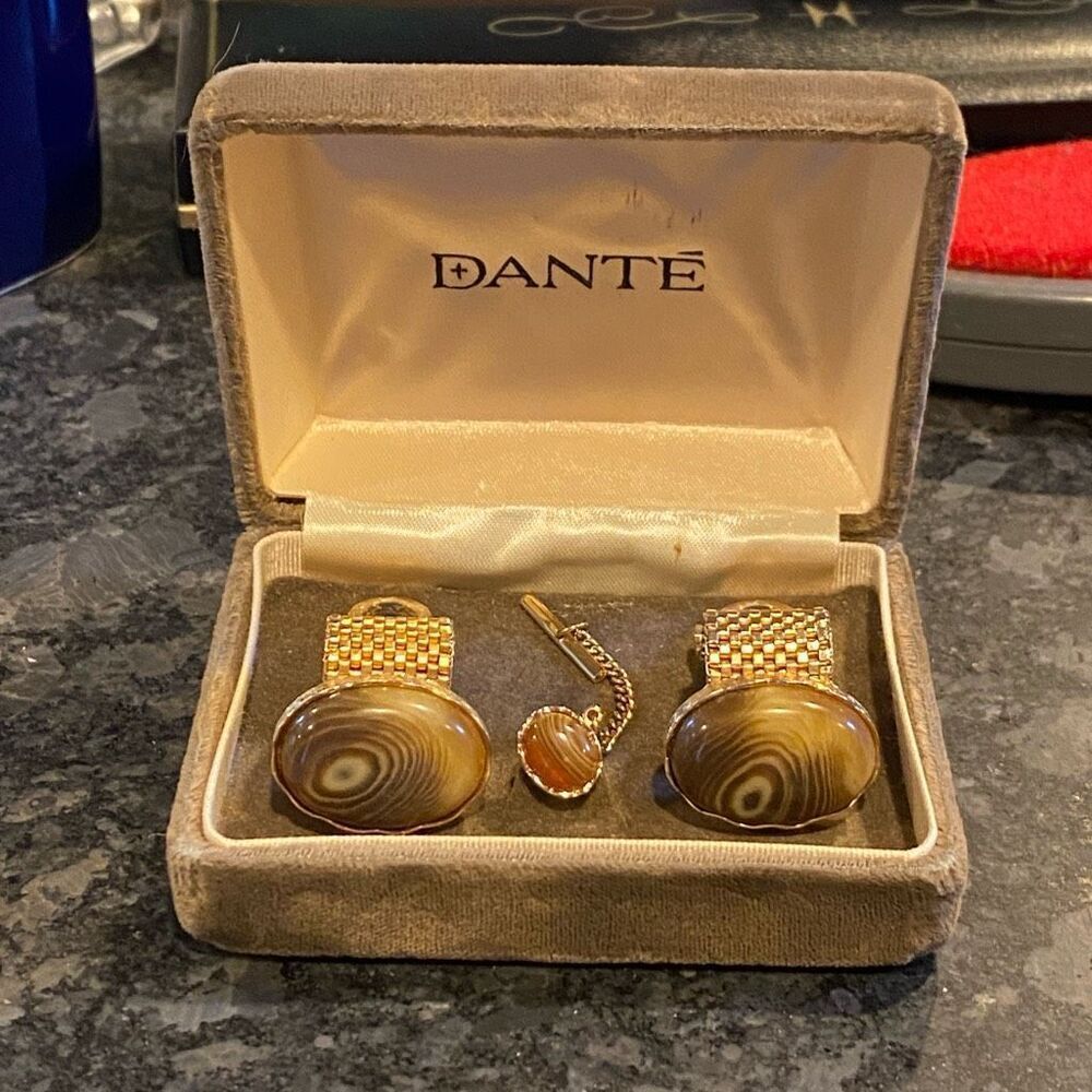 Vintage Dante Cuff Links Tie Tack Gold Tone Agate Look with Box